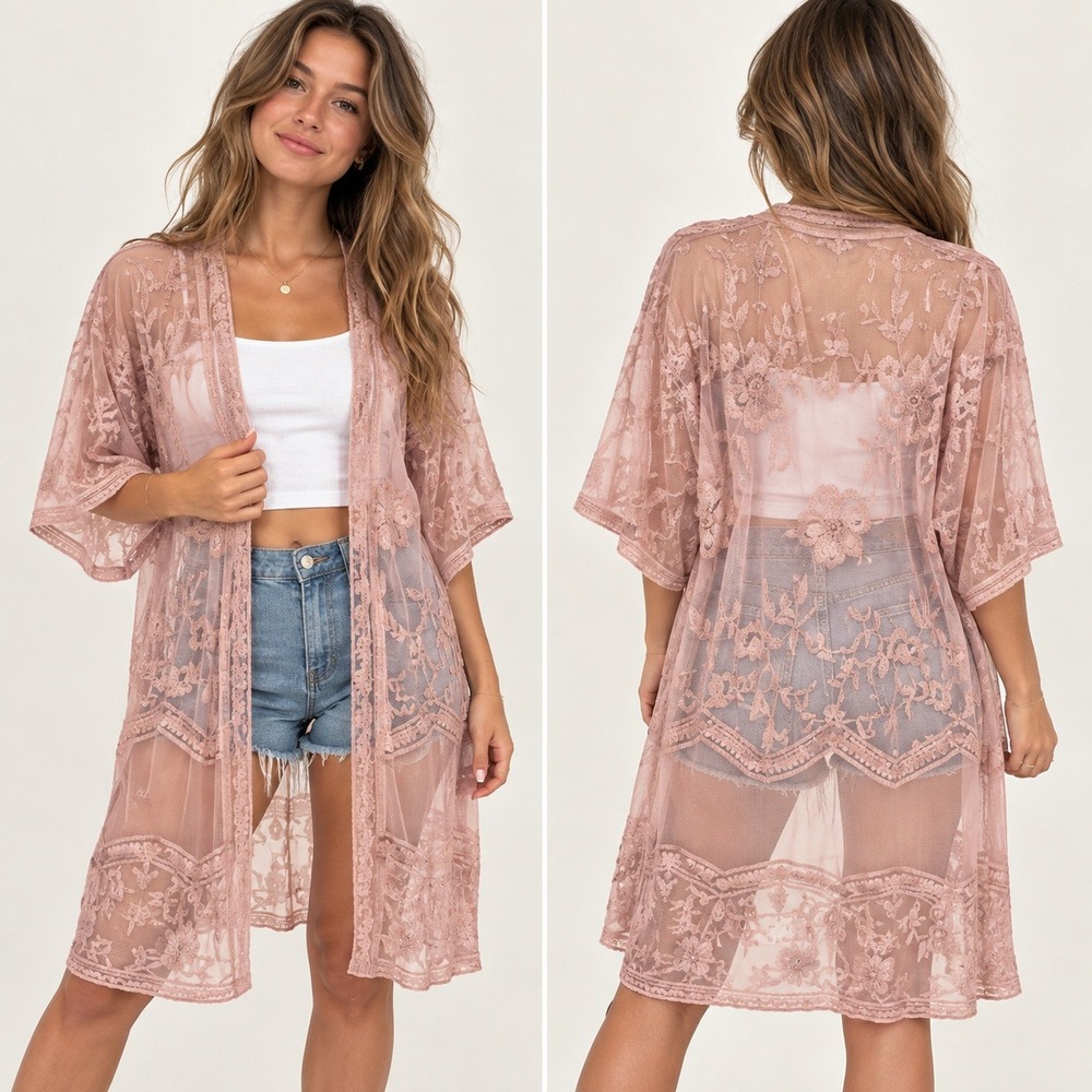 Papaya Womens M Sheer Lace Kimono Duster Floral Embroidered Boho Romantic